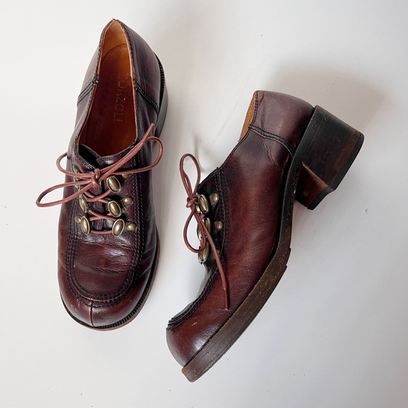 Vintage 70s Platform Oxford Shoes Brown Leather Lace Up Chunky Artsy Hippie 8.5